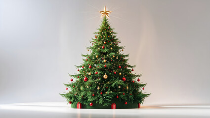 Illustration of decorated Christmas tree, lush green foliage, vibrant ornaments, star on top, white background, ultra-high resolution, captivating, traditional and modern blend generative AI