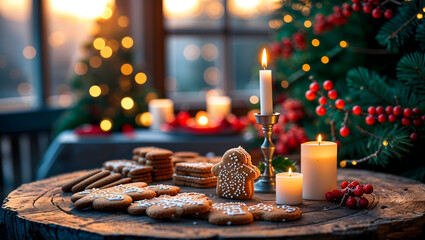 Gingerbread and speculoos cookies on rustic festive table with evergreens, holly, candlelight glow, warm cozy Christmas atmosphere generative AI