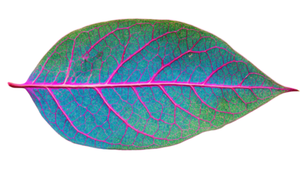 A bright green leaf with pink veins outlined in blue showing vivid natural texture and colorful contrast on white background