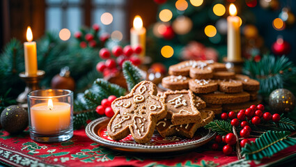 Gingerbread and speculoos cookies on festive table with evergreens, holly, candlelight glow, warm cozy nostalgic Christmas atmosphere generative AI