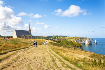 Fototapeta premium Hiking Trail to Notre-Dame de la Garde Chapel and Aval Cliff at Etretat