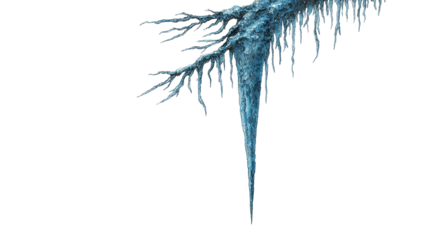 A blue icicle hanging down with pointed tip and detailed frozen texture showing winter chill on white background