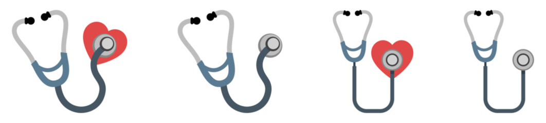 Vector set of stethoscope icons with heart symbols, representing medical care, health checkup, and diagnosis. Perfect for healthcare, hospitals, doctors, clinics, and medical-themed design projects.