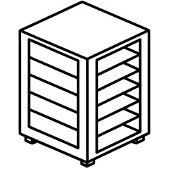Isometric cabinet with shelves, showcasing a 3d representation of a storage unit with horizontal dividers and a boxy shape