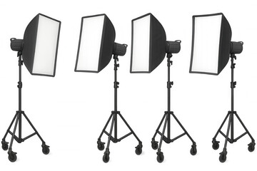 Four studio softbox lights on stands, illuminating a scene. Essential photography equipment for professional photo and video production