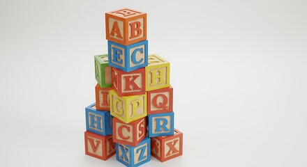 Colorful alphabet blocks stacked tower isolated on white background