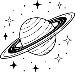 Minimalist black and white illustration of a ringed planet resembling Saturn, surrounded by small glowing stars, clean vector art style, bold outlines, simple cosmic design, tattoo-inspired, high cont