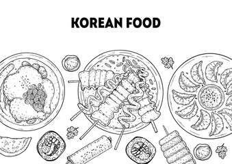 Korean food frame. Hand drawn top view Korean food dishes vector sketch illustration. Samgyetang, kimbap, odeng, mandu, tteokbokki.