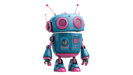 A blue cartoon robot with pink limbs antennae and colorful accents standing cheerfully in playful style on white background