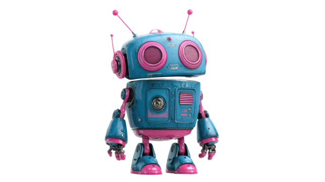 A blue cartoon robot with pink limbs antennae and colorful accents standing cheerfully in playful style on white background - Powered by Adobe