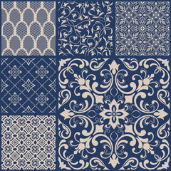 Vintage patchwork from seamless damask tiles. Collection patterns in Eastern style. Vintage grunge fabric decor. Seamless carpet. Original traditional Portuguese and Spain decor. Vector illustration