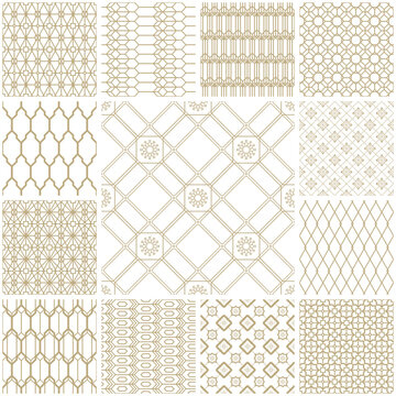 Vector Art Deco seamless patterns collection. Set of geometric ornamental patterns in gold on white background. Cute trendy textures. Patchwork. Modern design for Wallpaper, Fabric, Website Background