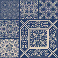 Vintage patchwork from seamless damask tiles. Collection patterns in Eastern style. Vintage grunge fabric decor. Seamless carpet. Original traditional Portuguese and Spain decor. Vector illustration