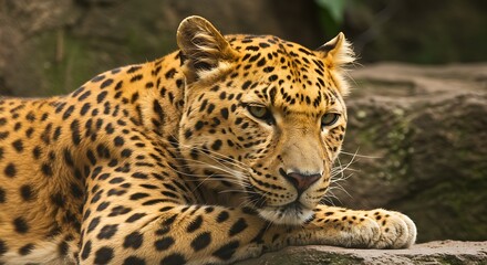Obraz premium Close up of a leopard resting outdoors with spotted fur and intense gaze