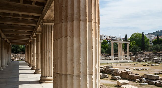 Ancient columns and structures outdoors under a bright sky on a sunny day