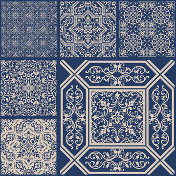 Vintage patchwork from seamless damask tiles. Collection patterns in Eastern style. Vintage grunge fabric decor. Seamless carpet. Original traditional Portuguese and Spain decor. Vector illustration