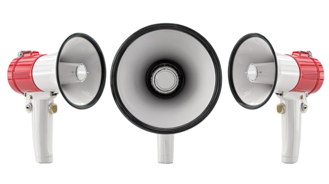 A 3D rendering of multiple megaphones arranged together representing communication announcement and promotion on white background
