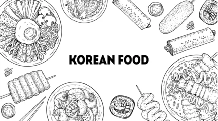 Fotobehang Beren Korean food frame. Hand drawn top view Korean food dishes vector sketch illustration. Bibimbap, tteokbokki, nakji bokkeum, kibap, odeng, corn dog, kimchi  © DiViArts