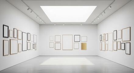 Obraz premium Bright and spacious art gallery with empty frames hanging on the walls, ready for exhibition, creating a clean and minimalist aesthetic