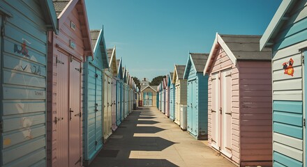 Colorful beach huts along a pathway under a clear blue sky