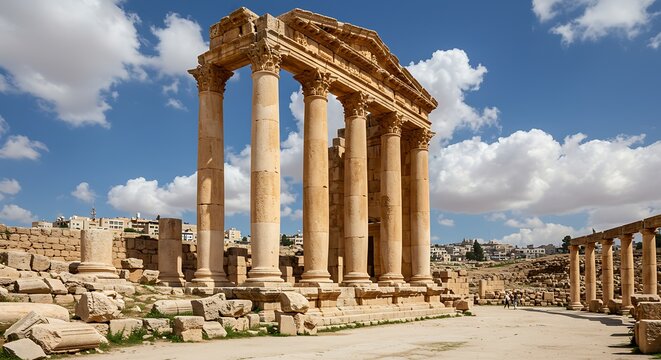 Ancient roman columns under blue sky with clouds architectural structure