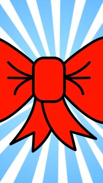 Bright cartoon-style red bow on a blue radial background, symbolizing celebration and decoration