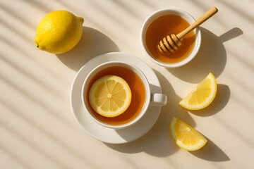 cup of tea with lemon, morning breakfast  orage honey drink