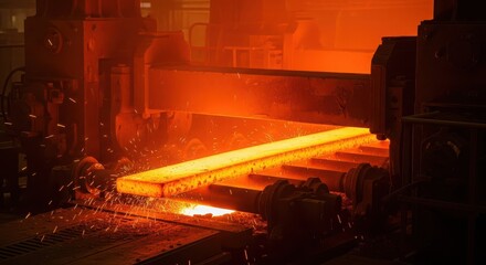 Hot steel bar being processed in a steel mill, glowing with heat and sparks, showcasing the industrial manufacturing process