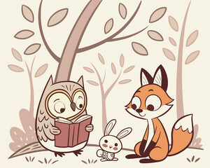 Fototapeta premium Owl reading a book to a fox and a bunny in the forest illustration