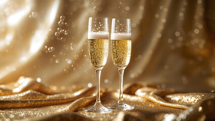 Two champagne glasses with sparkling wine and golden cloth in the background and golden bokeh generative AI