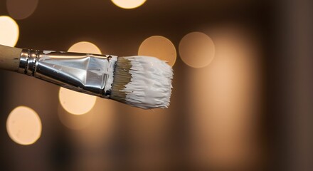 Close up of a paintbrush with white paint and blurred bokeh background