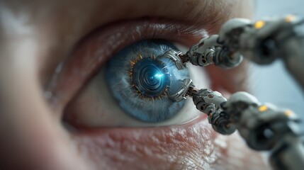 A high-tech medical scene shows an intelligent robotic AI system operating a precise eye surgery. The advanced robotic arms are positioned over the patient’s eye under bright surgical lights