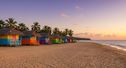 Colorful beach huts along sandy shore under sunset sky tropical vacation scene