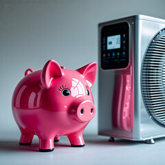 Pink piggy bank beside modern silver air conditioner, natural light, shallow depth, vibrant contrast, sharp lines, contemporary composition generative AI