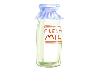 銭湯によくある牛乳瓶に入った牛乳の手描き水彩イラスト(透過PNG)