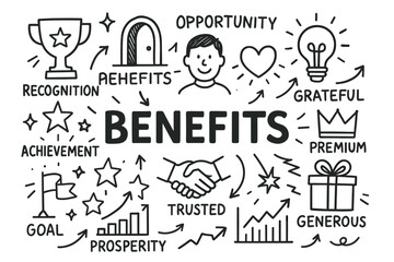 Obraz premium Benefits concept illustration with doodles of achievement, opportunity, and growth