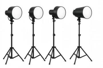 Studio strobe lights with diffusers on tripods creating professional lighting using photography equipment