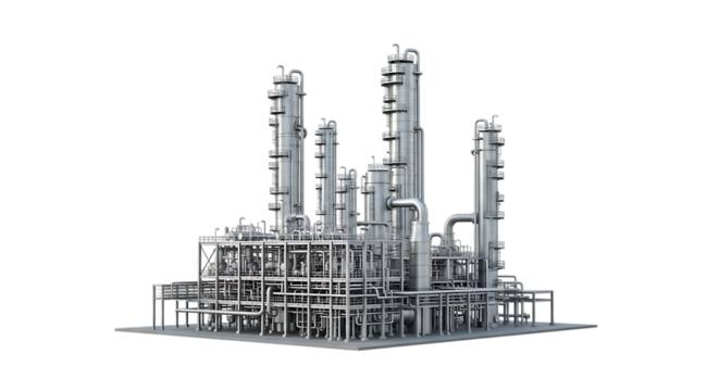 Industrial oil refinery complex with multiple distillation towers and pipework isolated on a transparent background