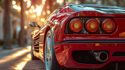 Red sports car rear view on a sunny street with vintage style.