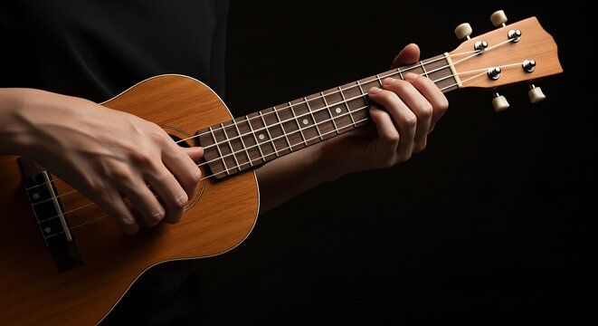 Close up of a person playing an acoustic ukulele with a black background - Powered by Adobe