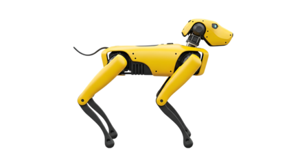 Bright yellow robotic dog with articulated limbs and blue eyes isolated on a transparent background robot dog