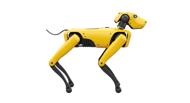 Bright yellow robotic dog with articulated limbs and blue eyes isolated on a transparent background robot dog