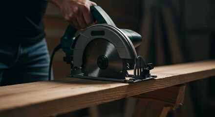 Close up of a person using a circular saw on a wooden plank