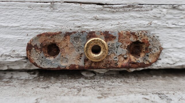 Close-up of weathered hardware on a painted surface
