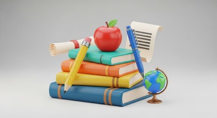 Stack of colorful books with an apple and educational accessories