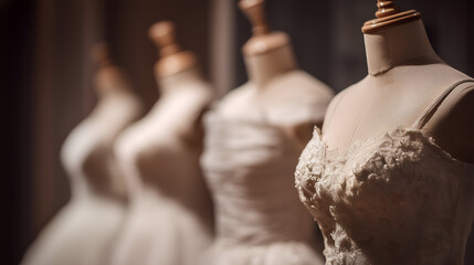 Row of elegant dresses displayed on mannequins evokes a sense of high fashion and sophistication with intricate details.