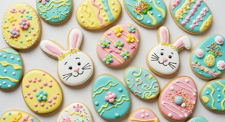 Decorated easter cookies bunny and egg shaped treats on white background