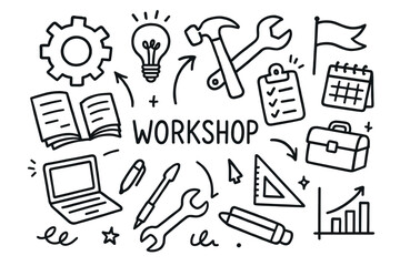 Obraz premium Creative workshop doodles: tools, ideas, and organization elements in black and white