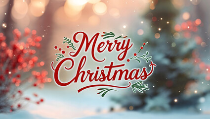 Merry Christmas illustration, elegant cursive, warm cozy colors, blurred winter background, red green hues, golden glow, festive, joyful, minimalist, delicate, celebratory atmosphere generative AI