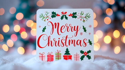 Merry Christmas illustration, bokeh background, shallow depth, vibrant colors, delicate lines, cozy atmosphere, festive elements, holly, trees, gifts, joyful celebration generative AI